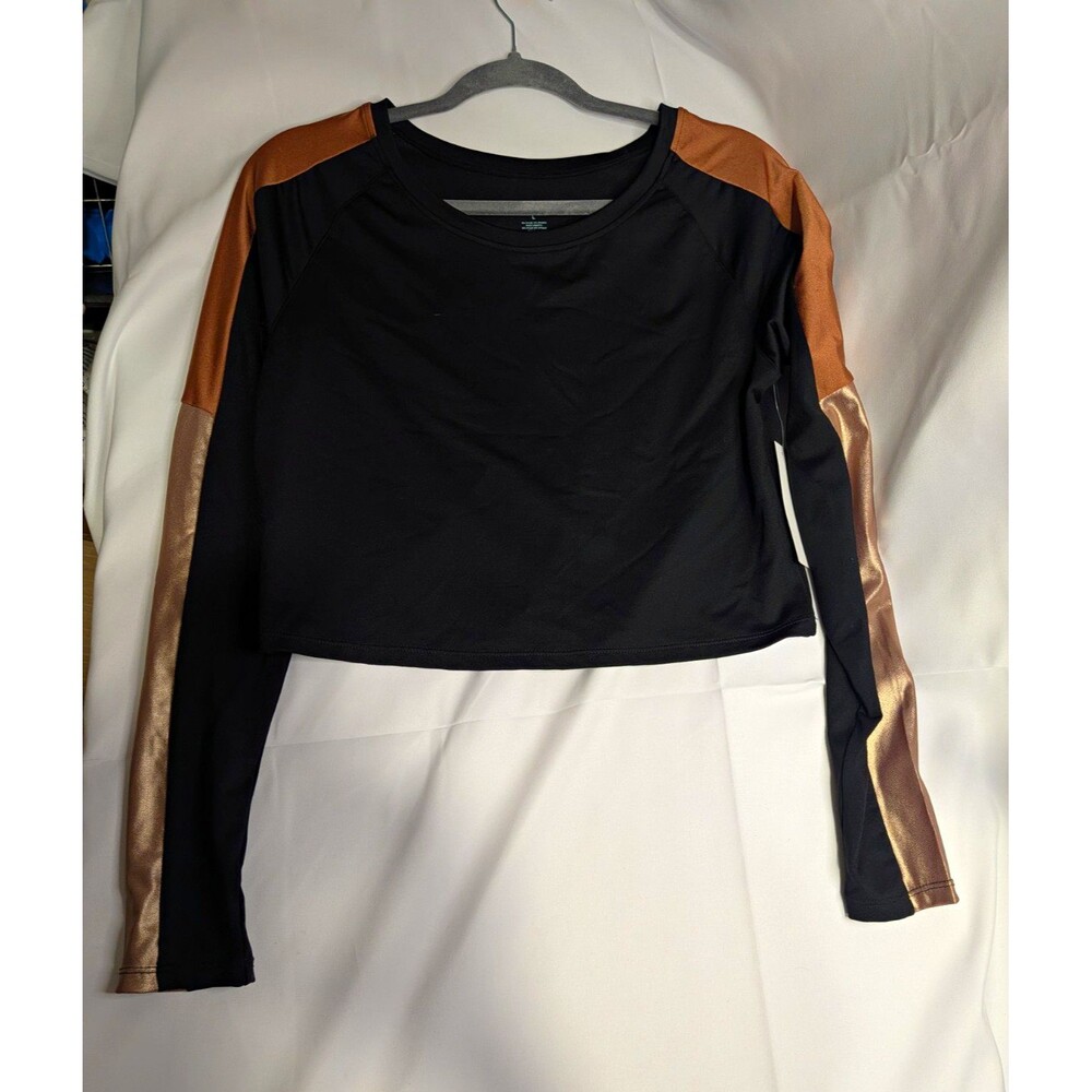 VENUS Women's L Black/Bronze Solid Cropped Crew Neck Long Sleeve Stretch Top